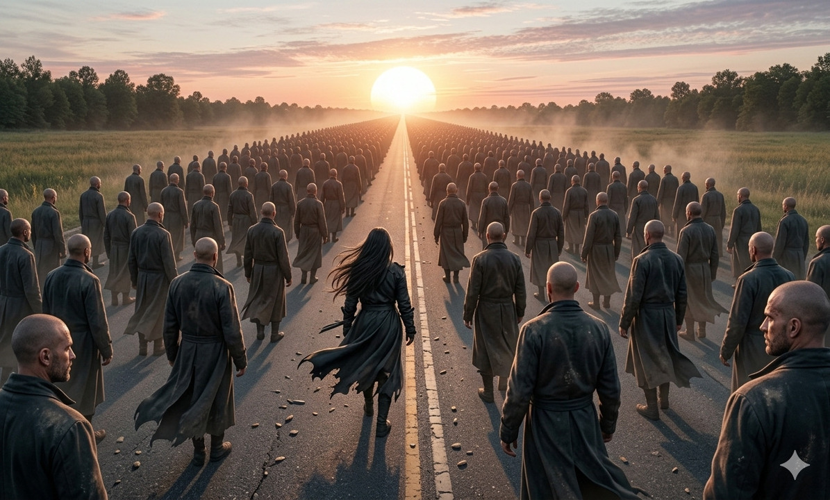 Multitud caminando en fila hacia un horizonte iluminado al amanecer, simbolizando un llamado colectivo y un camino espiritual — Crónicas con Flow.