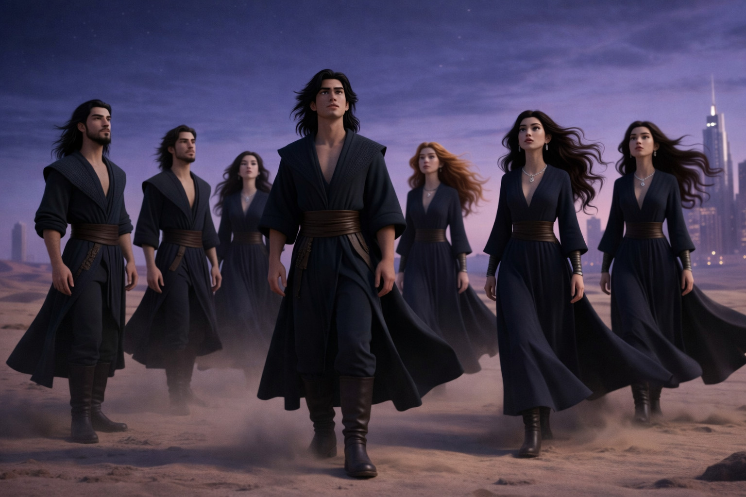 Grupo de figuras caminando en el desierto hacia una ciudad moderna al fondo, simbolizando propósito, destino y una misión colectiva entre lo antiguo y lo contemporáneo.<br />
