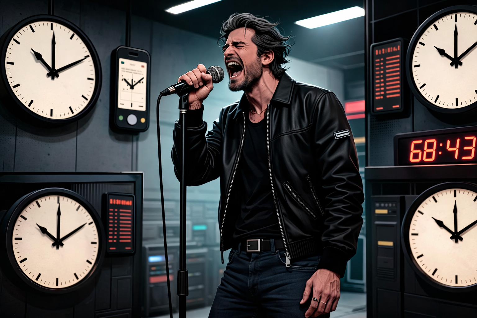 Cantante interpretando con intensidad frente a un micrófono rodeado de relojes y pantallas que muestran el tiempo, simbolizando una proclamación que trasciende el tiempo.<br />
