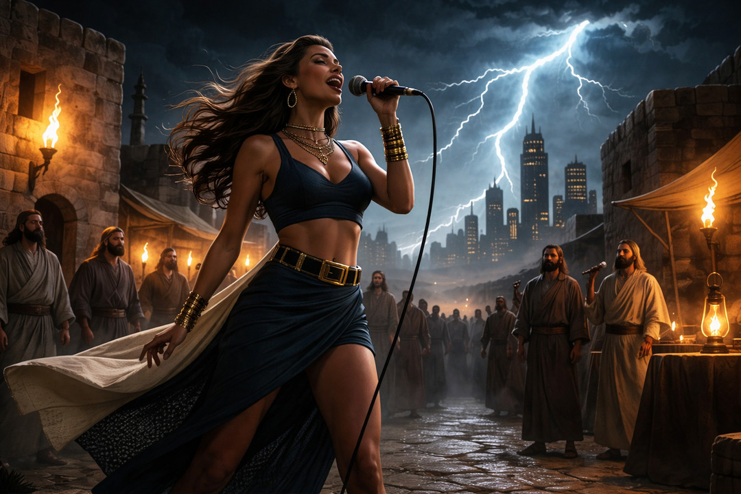 Cantante interpretando en una ciudad nocturna con tormenta eléctrica mientras una multitud observa en un entorno que mezcla lo antiguo y lo moderno.<br />
