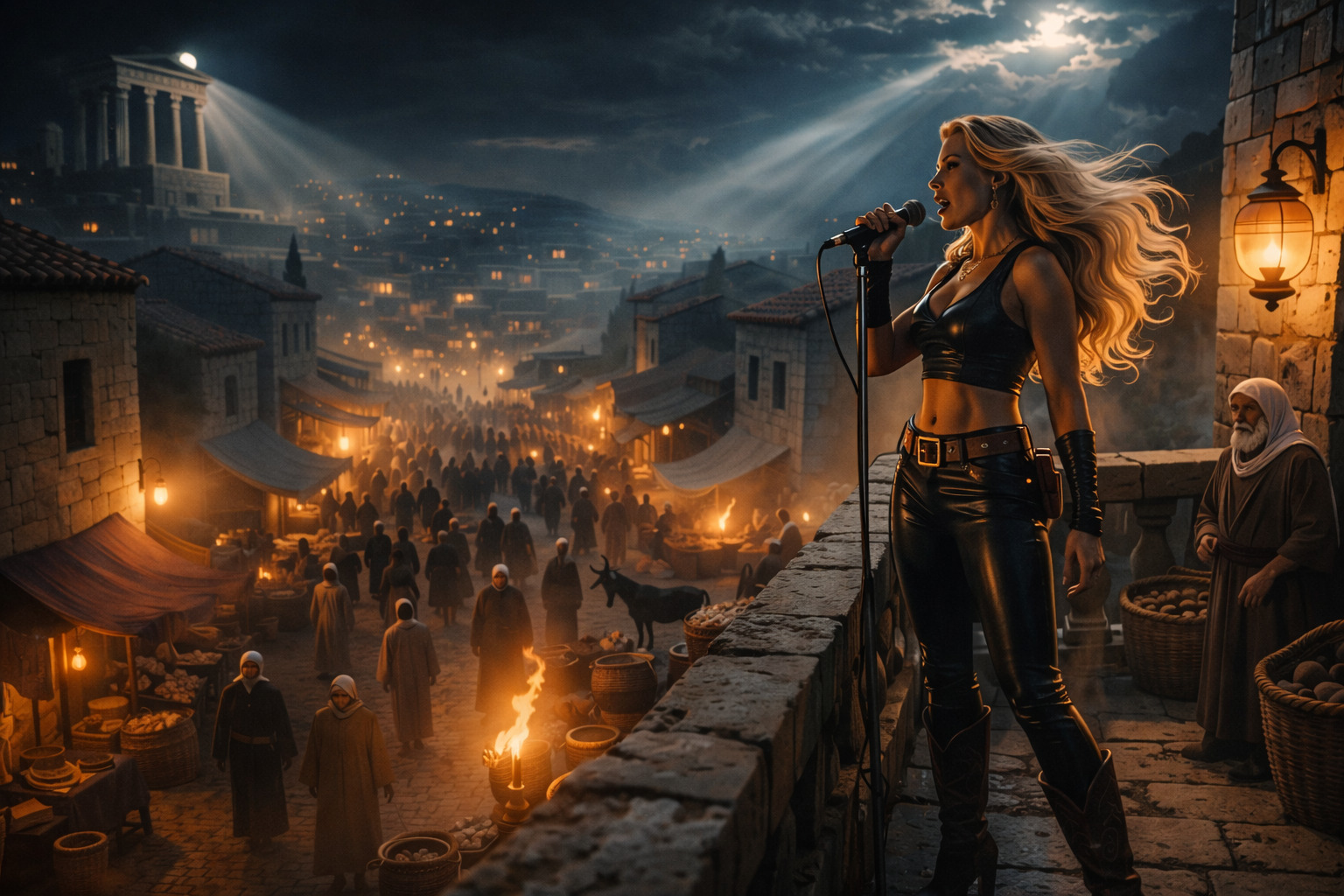 Cantante moderna interpreta con micrófono desde una azotea sobre una ciudad antigua iluminada de noche, mientras una multitud camina por las calles debajo.<br />
