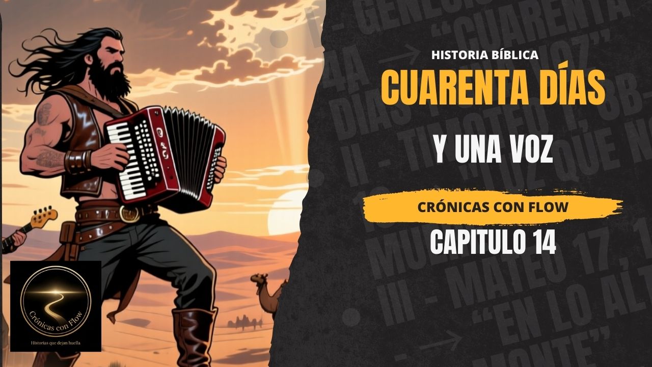 Músico estilo épico tocando acordeón en el desierto al atardecer junto a texto “Luz que no muere, Capítulo 14, Crónicas con Flow”, imagen de historia bíblica contemporánea.