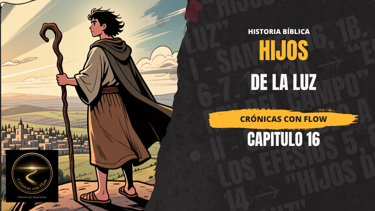 Joven con túnica y bastón mirando hacia una ciudad desde lo alto, ilustración bíblica con texto “Hijos de la Luz – Capítulo 16 – Crónicas con Flow”.