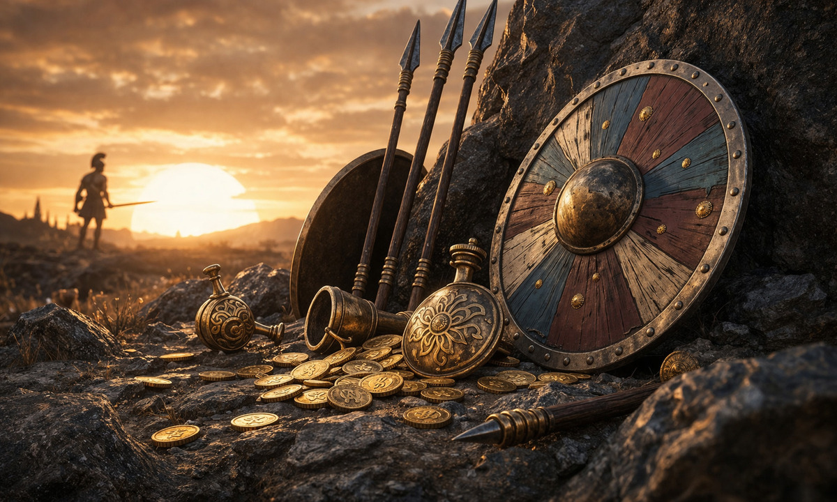 Escudos y armas abandonadas en el campo de batalla al atardecer, con monedas esparcidas en el suelo y un ambiente de silencio tras la guerra.