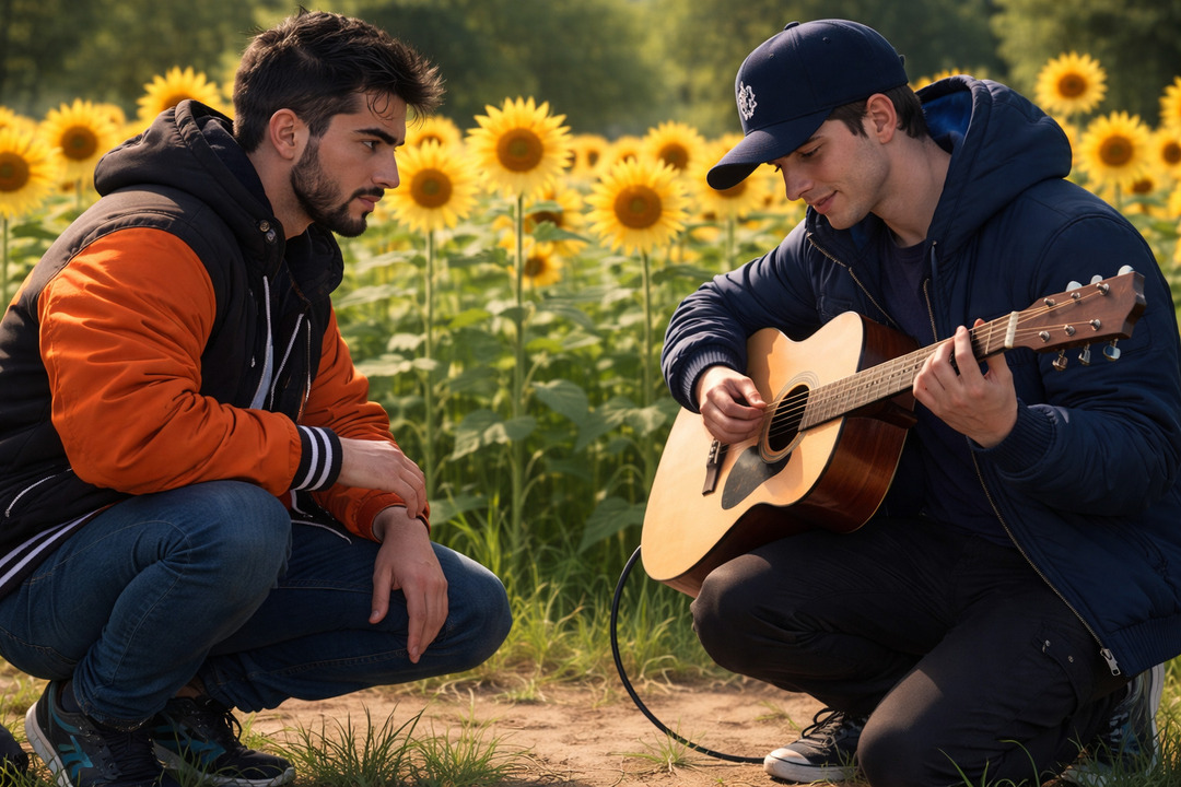 Dos jóvenes en ropa moderna, uno tocando guitarra y otro escuchando atentamente, rodeados de girasoles en un campo abierto, representando conexión, calma y transformación personal.<br />
