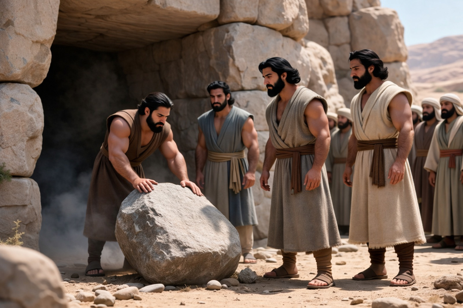 Hombres moviendo una gran piedra frente a la entrada de una tumba mientras un grupo observa detrás, en un entorno desértico, representando el momento previo a un milagro bíblico.<br />
