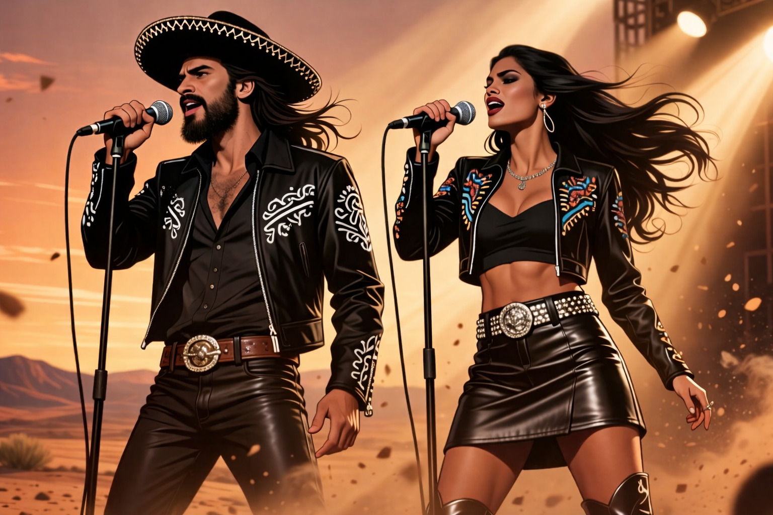 Cantante masculino con sombrero tipo mariachi y cantante femenina interpretando en el desierto con micrófonos, rodeados de polvo y luz cálida, fusionando música moderna con un ambiente cinematográfico inspirado en narrativa bíblica.<br />
