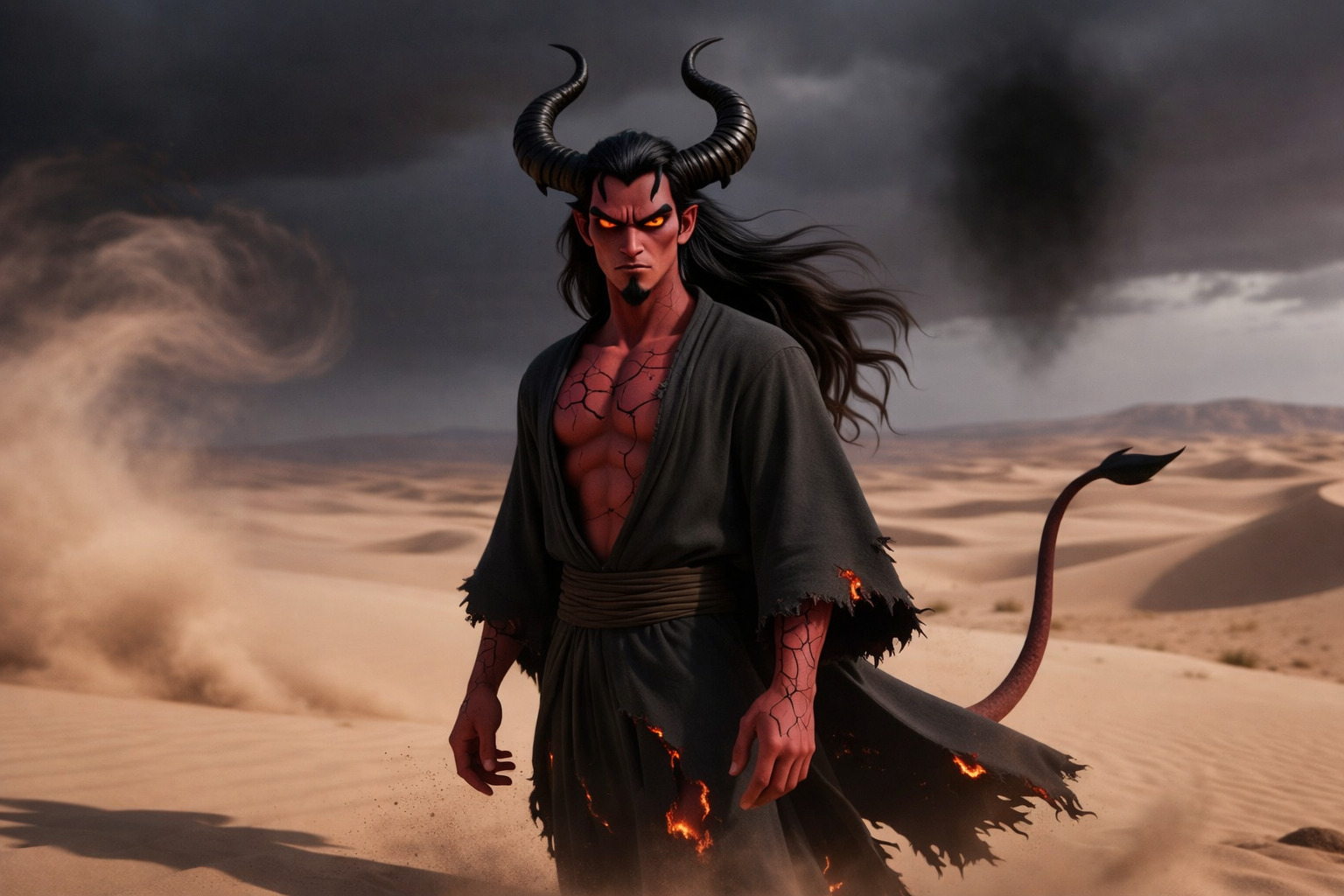 Figura oscura con rasgos demoníacos en el desierto bajo una tormenta, representando la tentación y la presencia del mal en narrativa bíblica.<br />
