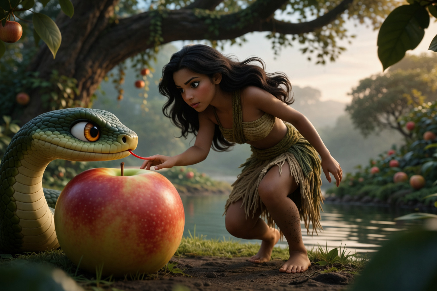 Escena inspirada en el Génesis donde Eva en el jardín del Edén se acerca a una serpiente junto a un fruto brillante, representando el momento de la tentación en un entorno natural y simbólico.<br />
