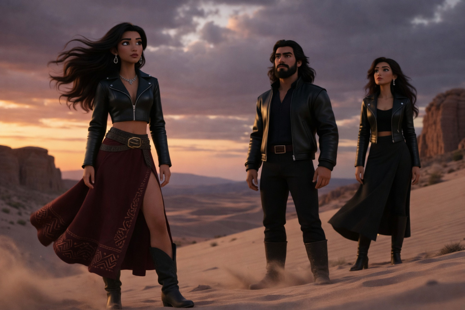 Tres personas con vestimenta moderna caminan por el desierto al atardecer, simbolizando un viaje de decisión, identidad y propósito en un entorno bíblico reinterpretado.<br />
