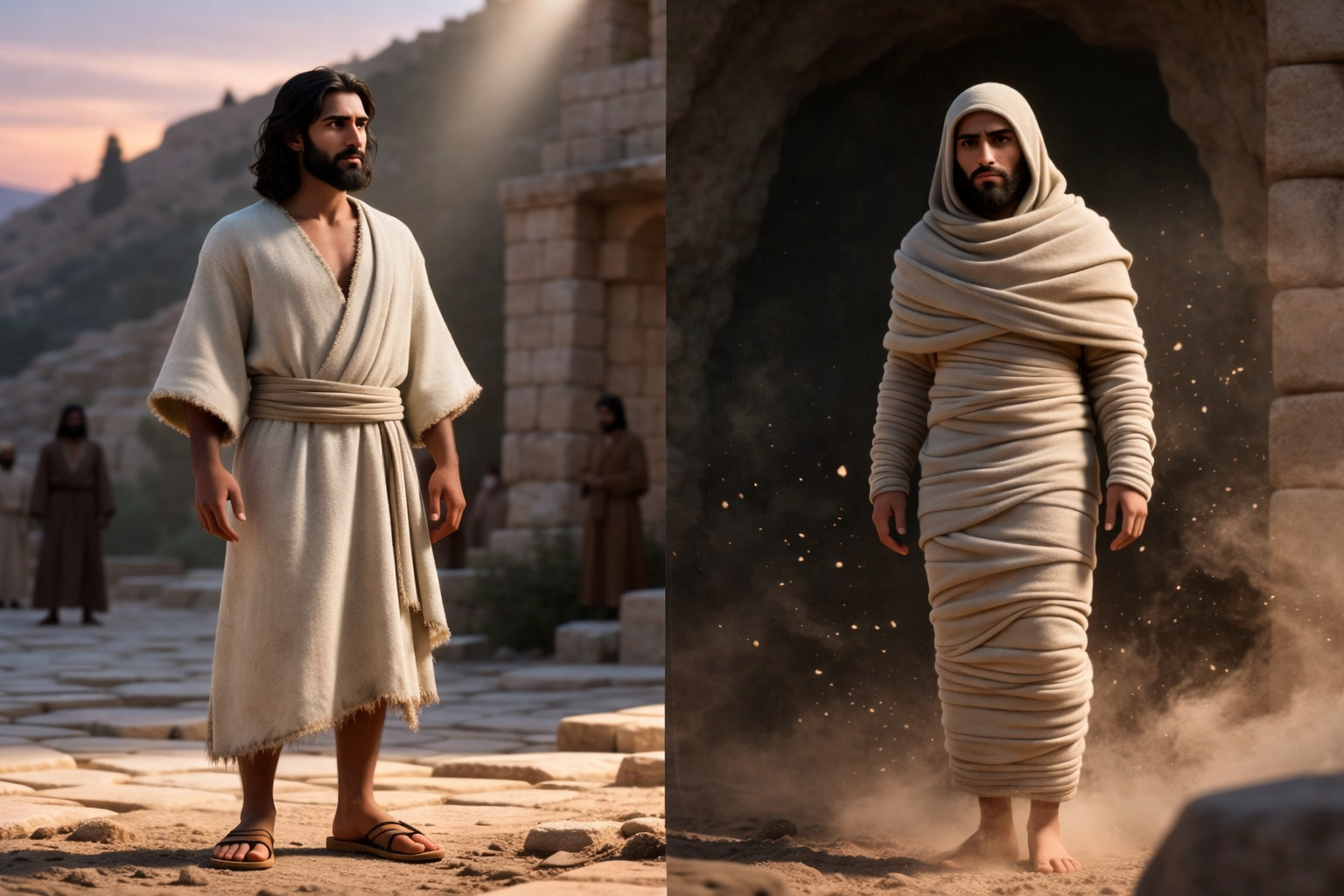 Representación de un hombre en dos escenas: a la izquierda caminando libremente en un entorno antiguo y a la derecha saliendo de una tumba envuelto en vendas, simbolizando resurrección y transformación.