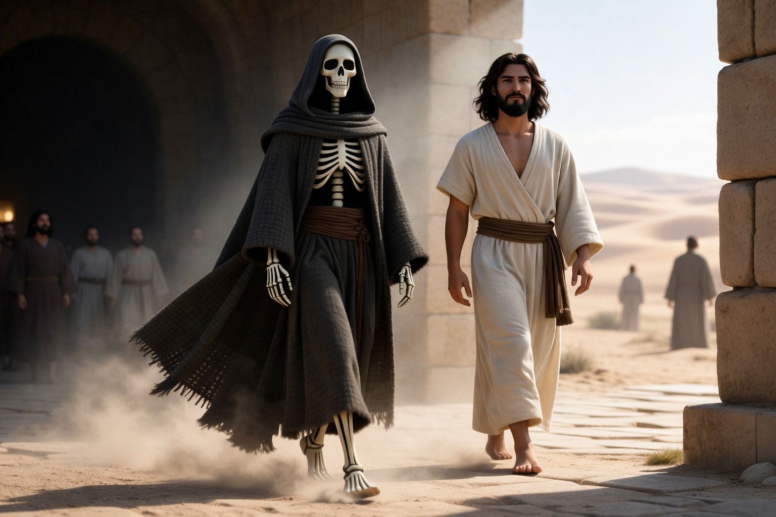 Figura de la muerte representada como esqueleto encapuchado camina junto a Jesús en un entorno desértico y arquitectónico antiguo, simbolizando el contraste entre muerte y vida en narrativa bíblica.<br />
