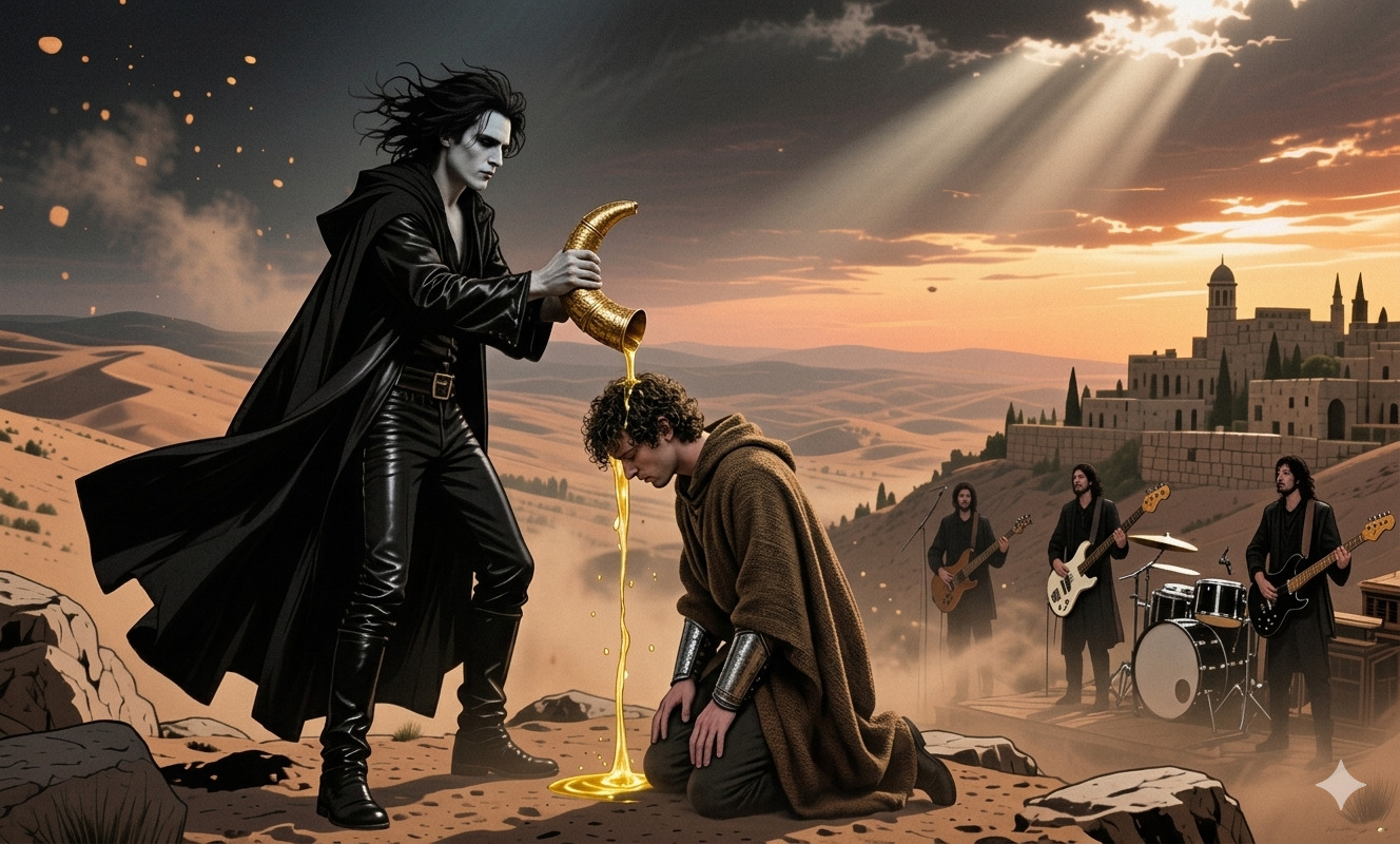Cantante vierte aceite dorado sobre la cabeza de un joven David arrodillado en el desierto, mientras una banda toca al fondo frente a una ciudad antigua iluminada por rayos de luz.<br />
