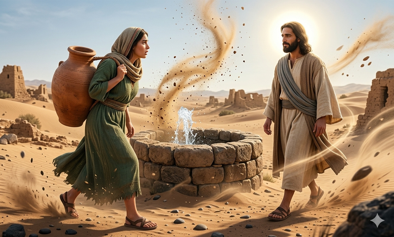 Mujer con cántaro se acerca a un pozo en el desierto donde un hombre la espera, mientras el viento levanta la arena y la luz del sol ilumina la escena.