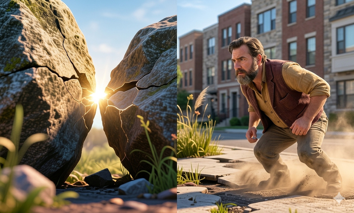 Roca agrietándose con luz saliendo desde dentro y hombre en la ciudad gritando con enojo hacia el suelo.<br />
