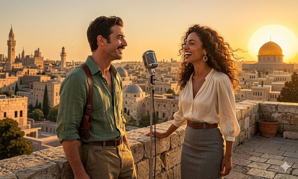 Cantante femenina y cantante masculino interpretando juntos frente a un micrófono sobre una ciudad antigua al atardecer, transmitiendo conexión, emoción y armonía en una escena musical.<br />
