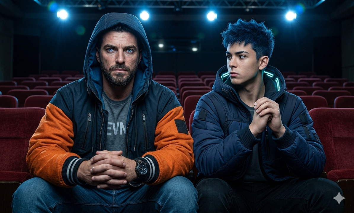 Dos hombres en ropa moderna, uno joven y otro mayor, intercambiando algo con las manos en un entorno oscuro, representando conexión, apoyo y transmisión de experiencia.<br />
