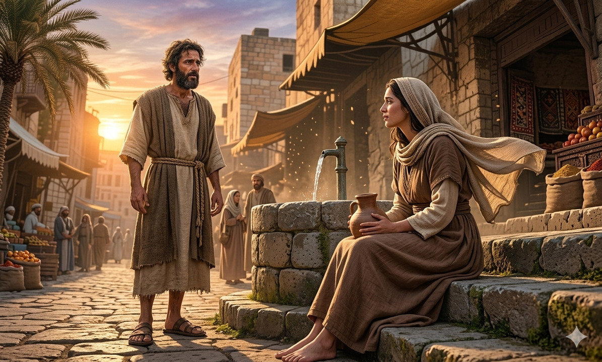 Hombre y mujer conversando junto a un pozo en una ciudad antigua al atardecer, rodeados de polvo y luz cálida, reflejando encuentro, tensión emocional y revelación.