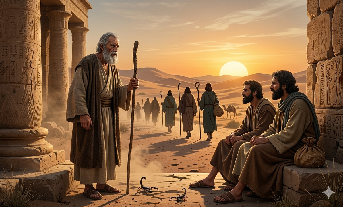 Anciano con bastón hablando a dos hombres sentados mientras varios viajeros caminan hacia el desierto al atardecer, en una escena de estilo bíblico con ambiente de enseñanza y despedida