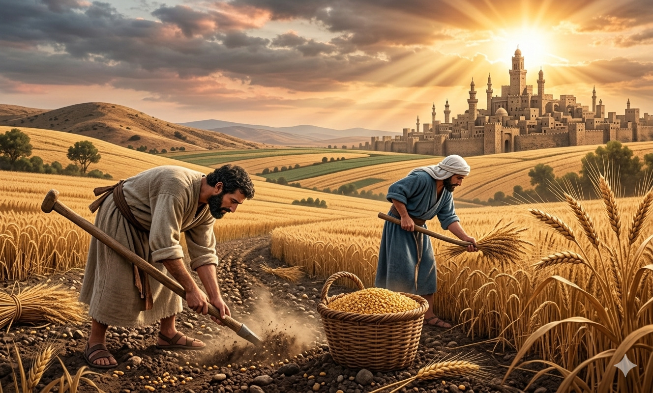 Dos hombres trabajan en un campo de trigo cosechando y sembrando mientras el sol ilumina una ciudad al fondo, representando esfuerzo, proceso y cosecha espiritual.<br />
