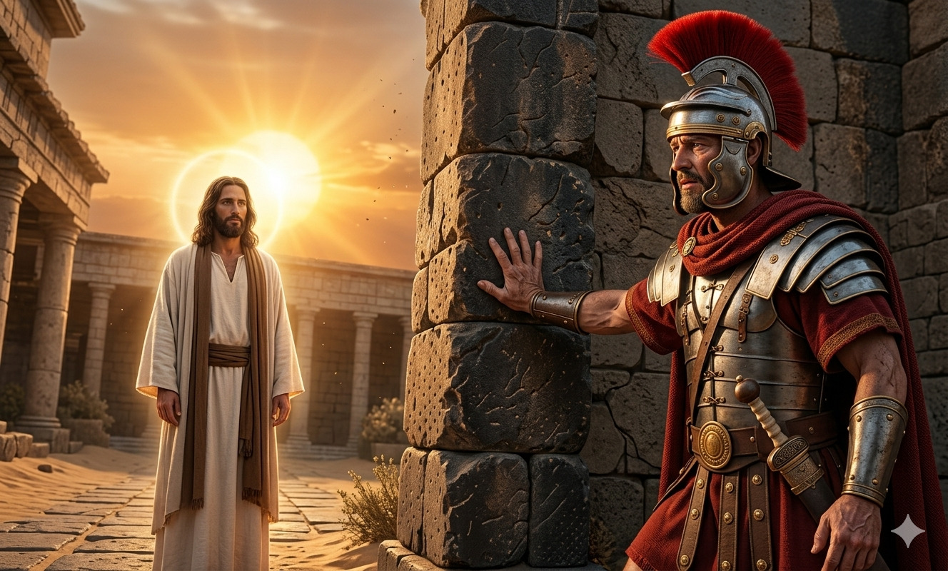 Soldado romano detiene con la mano a Jesús iluminado por el sol en un patio antiguo, en una escena que representa confrontación entre poder humano y autoridad divina.