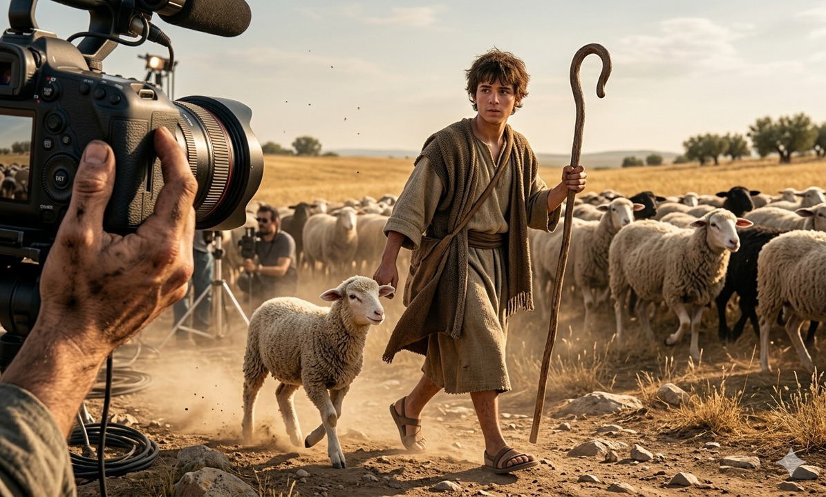 Joven pastor guía un rebaño de ovejas mientras una cámara moderna lo graba, simbolizando la conexión entre historia bíblica y narrativa contemporánea.<br />

