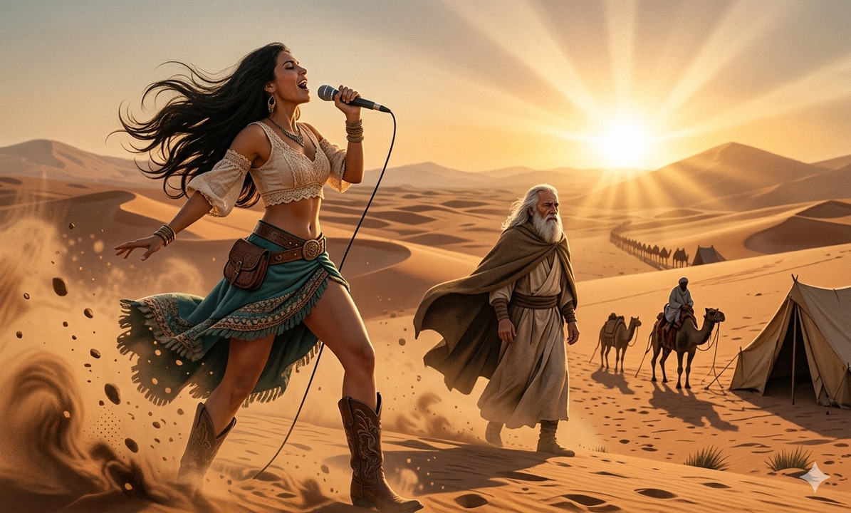 Mujer cantando en el desierto al atardecer con vestimenta inspirada en lo antiguo mientras un anciano camina junto a una caravana, simbolizando guía, travesía y expresión espiritual.