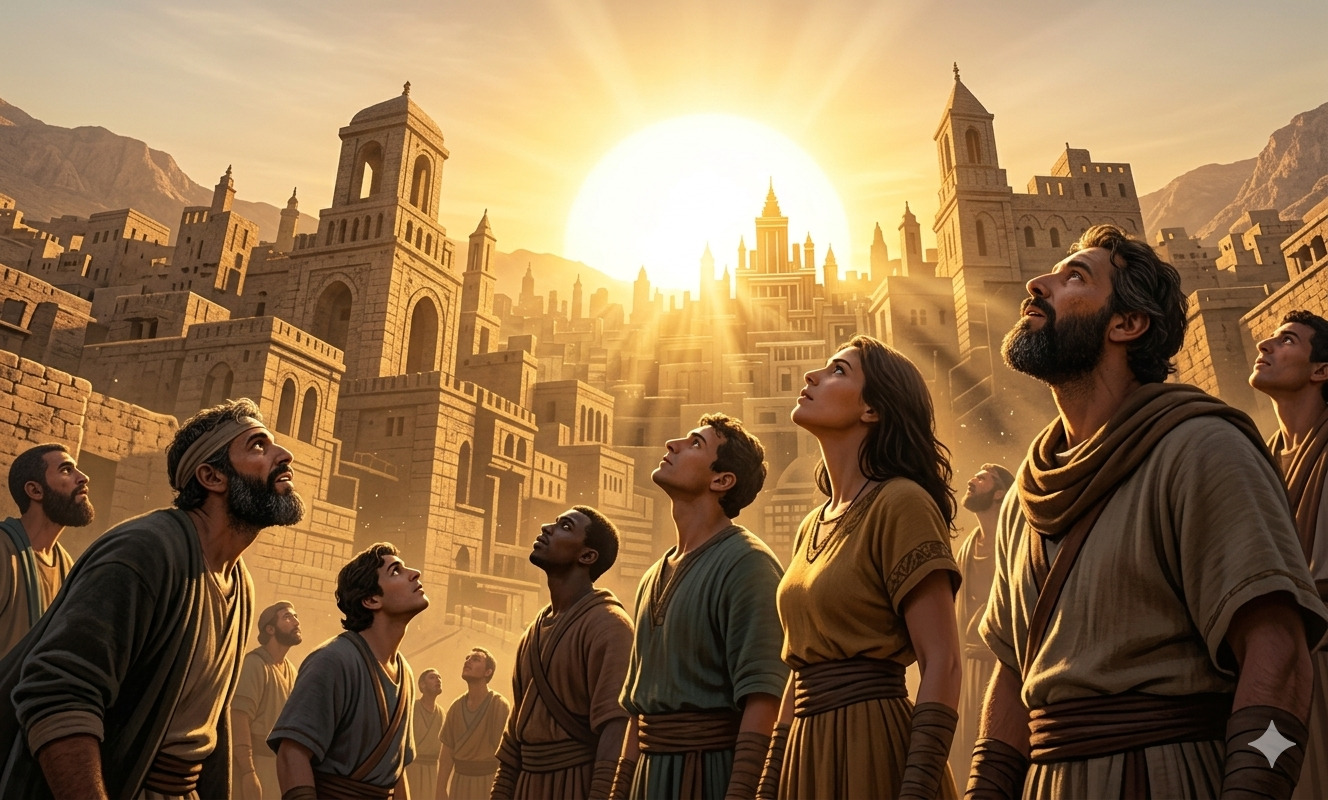 Multitud en una ciudad antigua observa hacia el cielo mientras una luz intensa ilumina los edificios, simbolizando revelación divina.<br />
