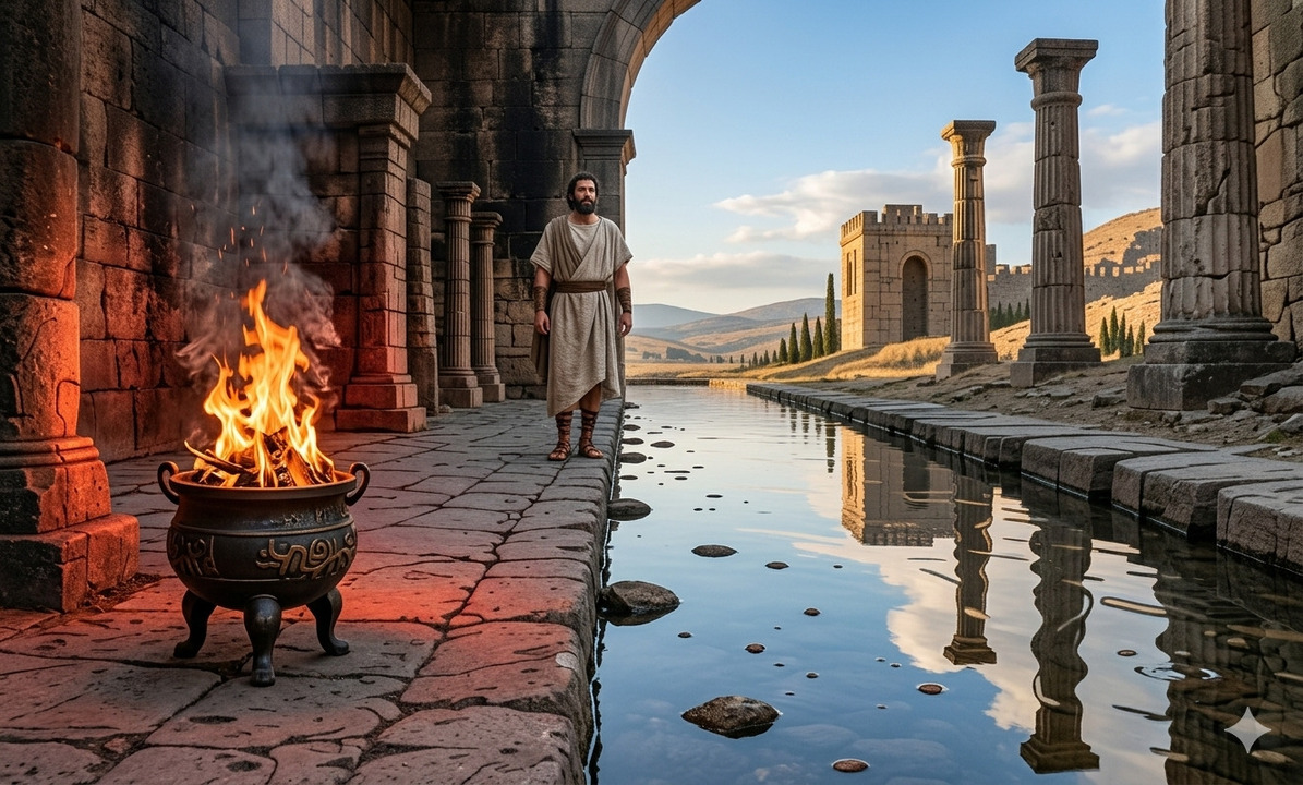 Joven de apariencia bíblica se encuentra entre dos caminos opuestos, uno rojo iluminado y otro azul, en medio de ruinas antiguas con fuego y agua, representando una decisión entre dos destinos.<br />
