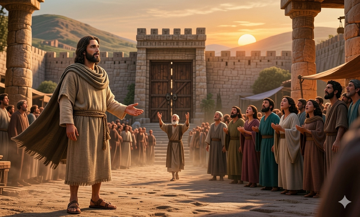 Jesús hablando frente a una multitud en una ciudad antigua al atardecer, escena estilo cinematográfico que representa enseñanza, fe y comunidad