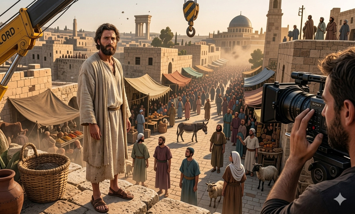 Hombre con vestimenta antigua de pie sobre una estructura en una ciudad llena de gente, mientras una cámara moderna lo graba, mostrando la fusión entre lo histórico y lo contemporáneo.<br />
