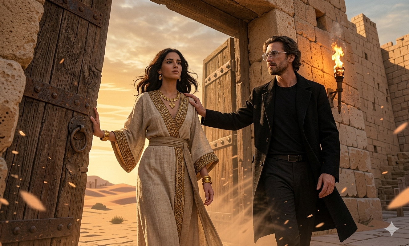 Mujer con vestimenta antigua sale de una ciudad amurallada mientras un hombre moderno la detiene, en una escena que mezcla tiempos históricos con elementos contemporáneos, simbolizando una decisión crucial.<br />
