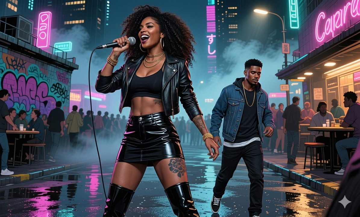 Cantante femenina interpretando en una calle urbana nocturna con luces neón y gente alrededor, mientras un hombre camina detrás en medio de un ambiente moderno y dinámico.
