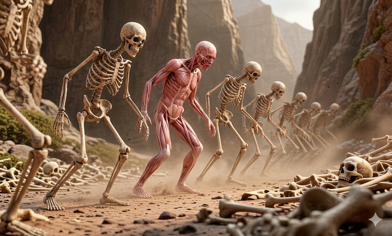 Fila de esqueletos avanzando en un valle oscuro, uno de ellos comenzando a recubrirse de carne, simbolizando resurrección, transformación y el poder de Dios sobre la muerte en un escenario bíblico cinematográfico.<br />
