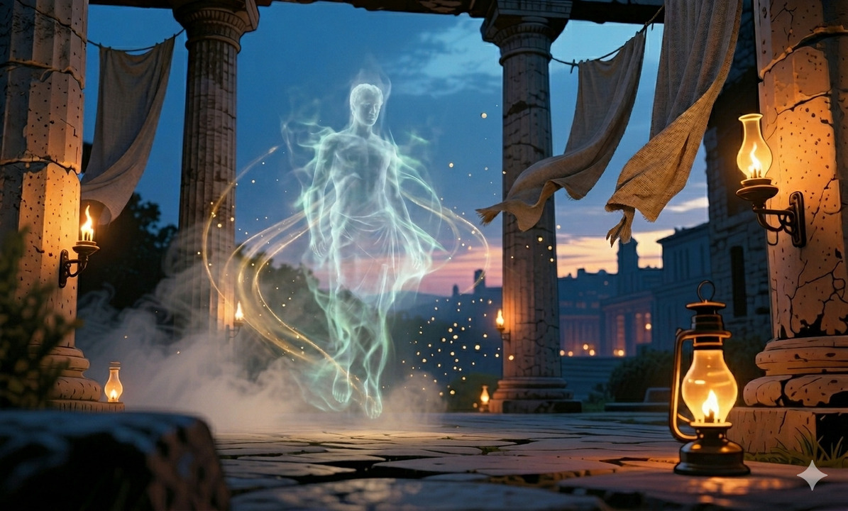 Figura luminosa con apariencia celestial y aura brillante aparece en un templo antiguo con columnas y lámparas encendidas al atardecer, rodeada de partículas de luz en una escena mística y cinematográfica.<br />
