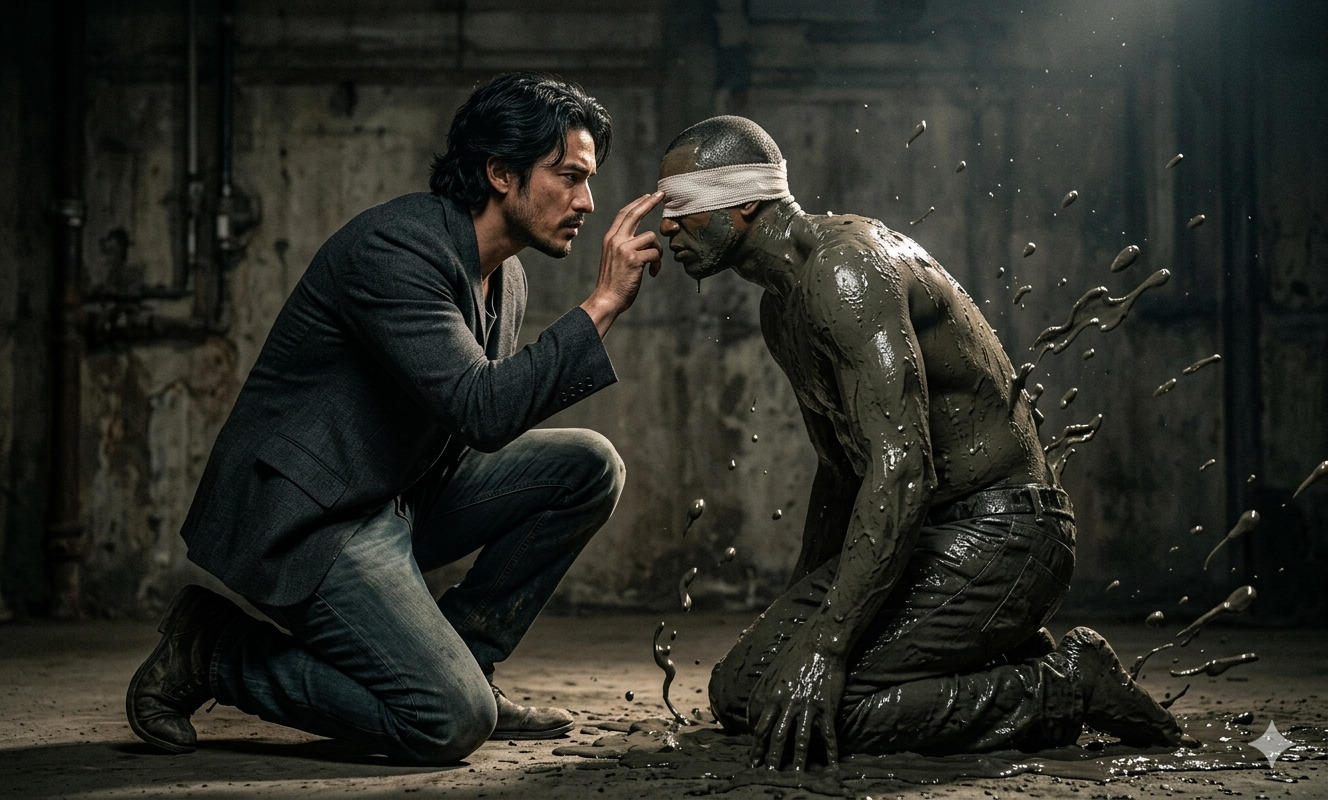 Hombre bien vestido toca el hombro de una persona en situación de calle en un callejón urbano con grafiti, mostrando empatía, compasión y ayuda.<br />
