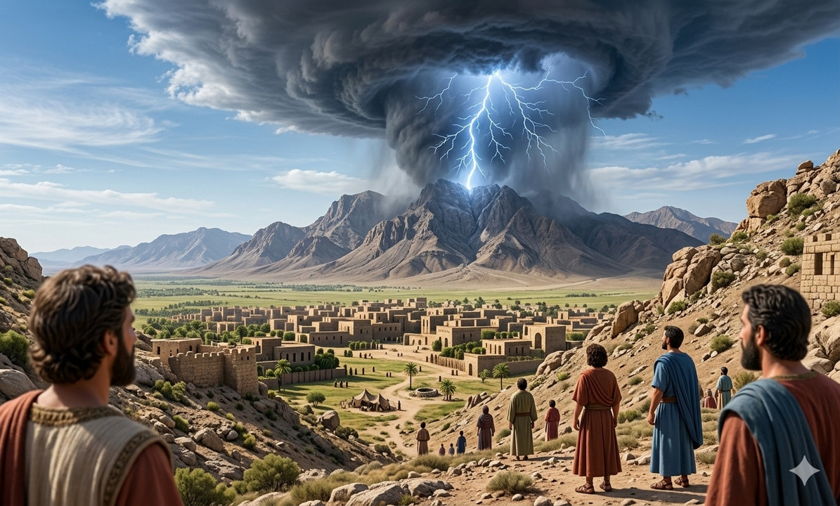 Tormenta apocalíptica con relámpagos descendiendo sobre una ciudad antigua, mientras un grupo de personas observa desde una colina, anticipando un evento catastrófico y divino.<br />
