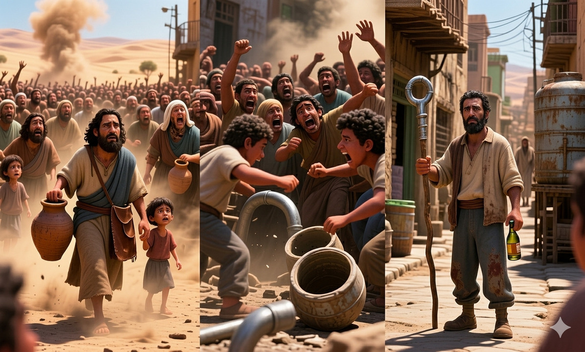 Multitudes desesperadas por agua en un entorno árido mientras un hombre sostiene un bastón en una calle, en una escena dividida que muestra crisis y liderazgo.<br />
