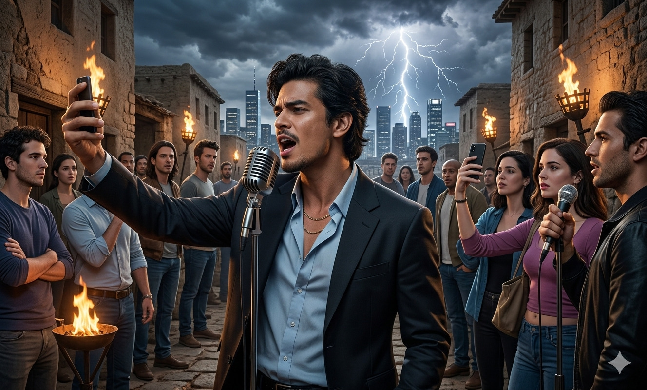 Hombre se toma una selfie frente a un espejo rodeado de personas que también usan sus teléfonos, con iconos de redes sociales al fondo, representando búsqueda de aprobación digital.