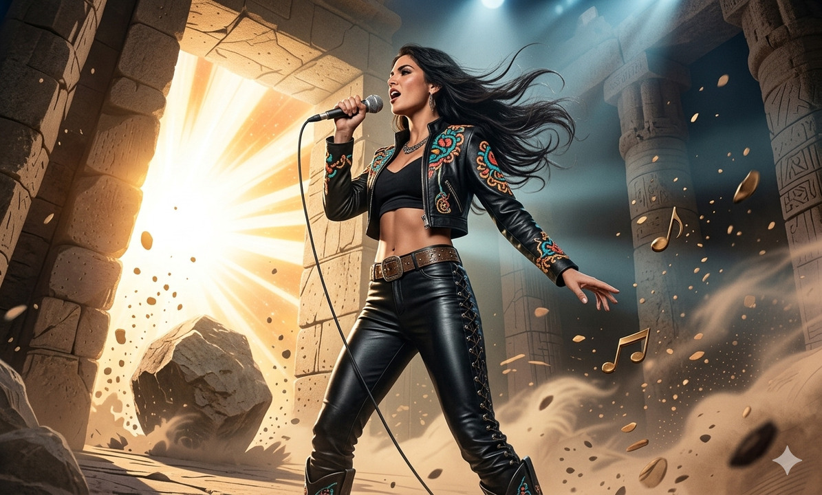 Cantante femenina interpretando con fuerza frente a una tumba abierta en piedra, con luz intensa entrando y polvo levantándose, simbolizando resurrección y poder transformador del sonido.<br />
