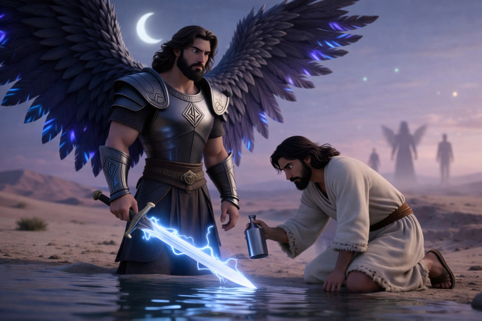 Jesús en el desierto ofrece agua a una figura angelical armada con espada luminosa, simbolizando la tentación, el poder y la elección entre lo divino y lo terrenal.<br />
