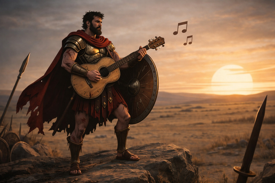 Guerrero espartano tocando una guitarra al atardecer sobre una roca, con armadura y escudo, combinando música y batalla en un paisaje épico
