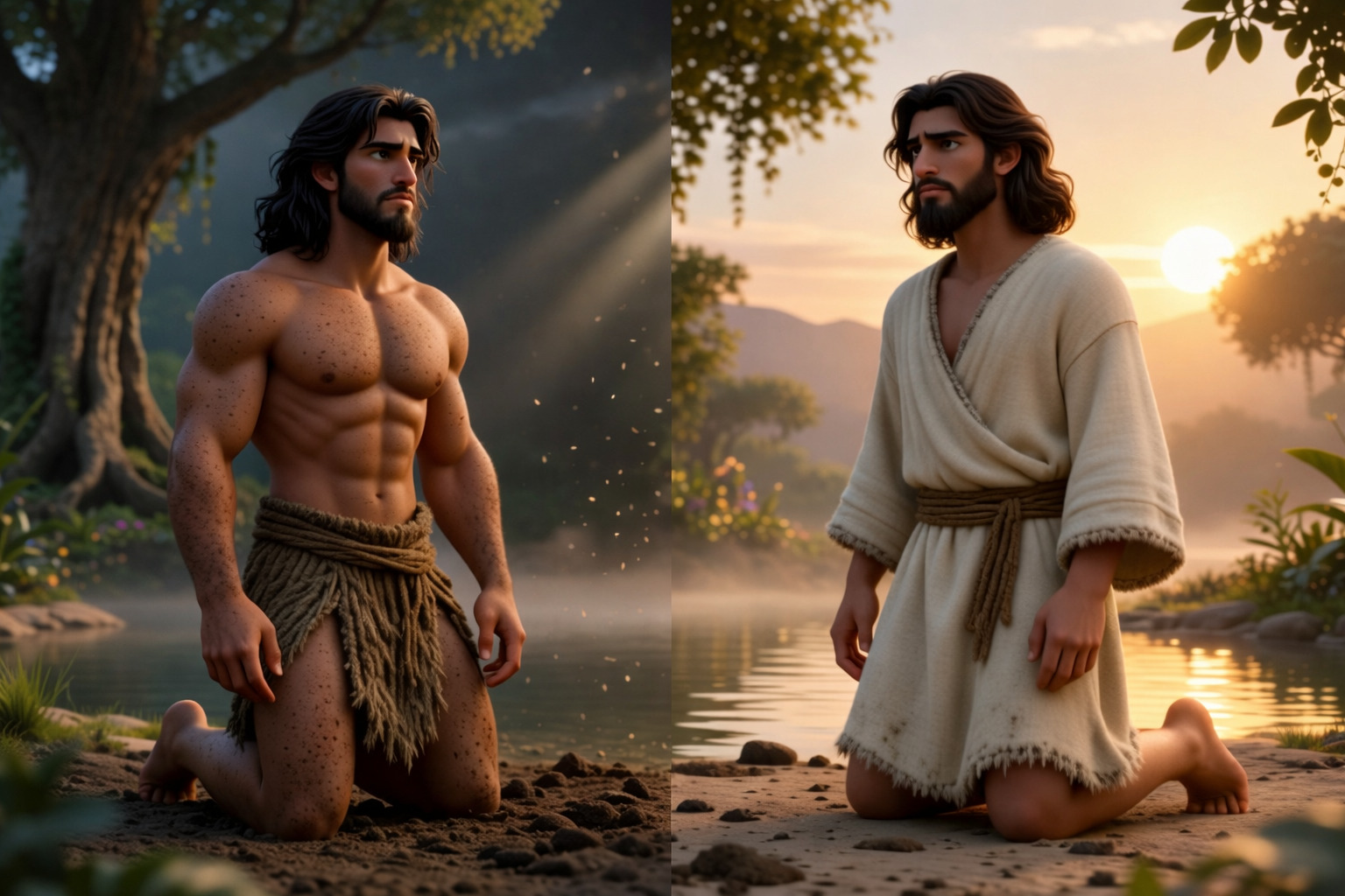 Comparación visual entre dos figuras masculinas arrodilladas: una representando Adan el hombre original en un entorno natural primitivo y otra a Jesús en un ambiente iluminado, simbolizando caída y redención.
