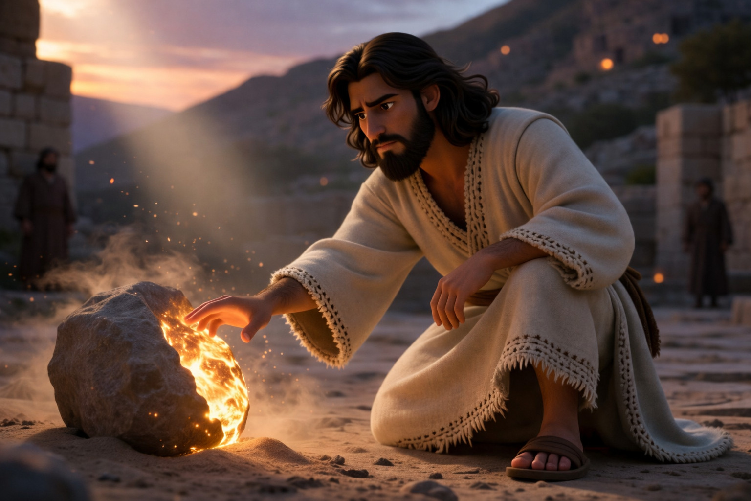 Jesús escribiendo en la arena en un entorno desértico mientras músicos modernos aparecen al fondo, simbolizando juicio, verdad y una escena bíblica reinterpretada en estilo contemporáneo.<br />
