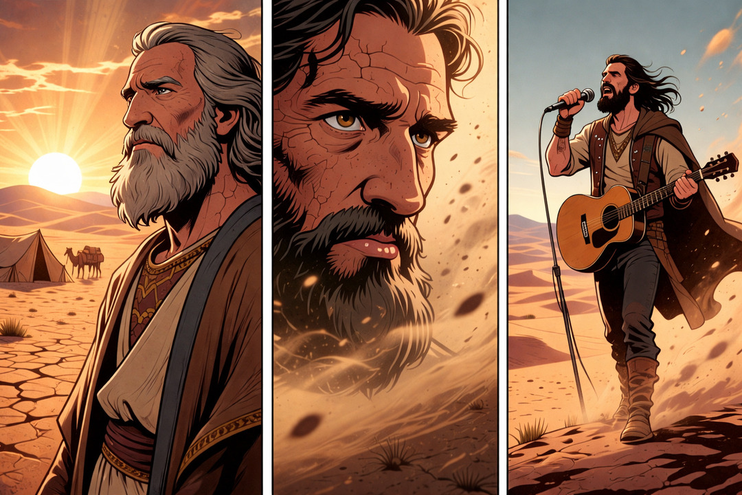 Composición en tres escenas: un anciano en el desierto al amanecer, un primer plano de su rostro marcado por el tiempo y un músico moderno cantando mientras camina, simbolizando transición, memoria y expresión.<br />
