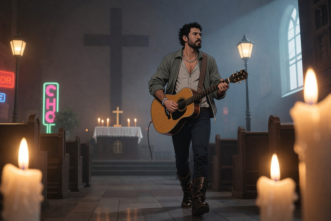 Músico moderno con guitarra camina dentro de una iglesia iluminada por velas y luces urbanas, con una gran cruz al fondo, fusionando ambiente contemporáneo y espiritual.<br />
