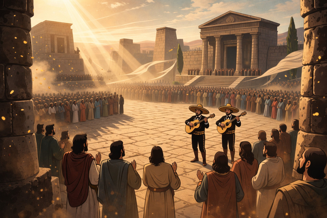 Dos músicos tipo mariachi interpretando en una gran plaza antigua frente a una multitud, con templo monumental al fondo y luz celestial iluminando la escena.<br />
