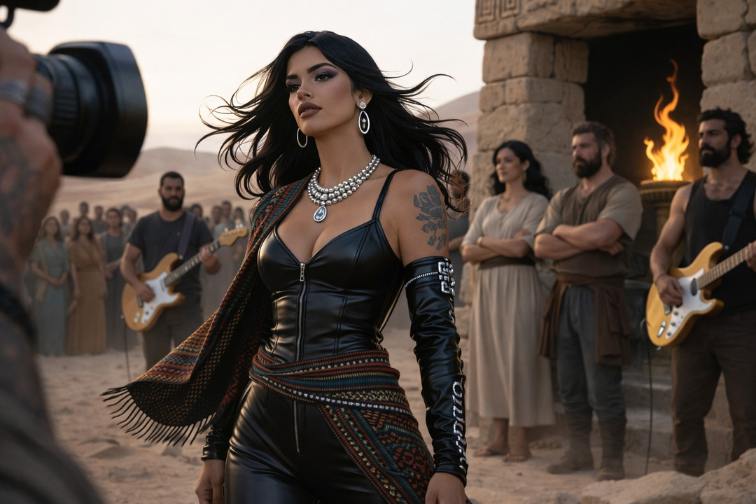 Mujer moderna con estilo fuerte camina en un escenario desértico tipo bíblico mientras es grabada por una cámara y músicos tocan al fondo, fusionando narrativa antigua con producción contemporánea.