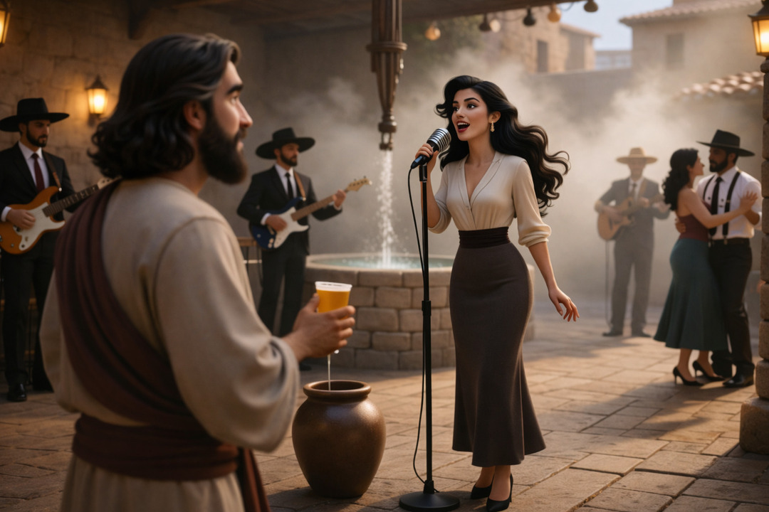 Mujer cantando en una plaza con música y baile mientras un hombre observa con una bebida en la mano, en un entorno que mezcla lo antiguo con lo moderno.<br />
