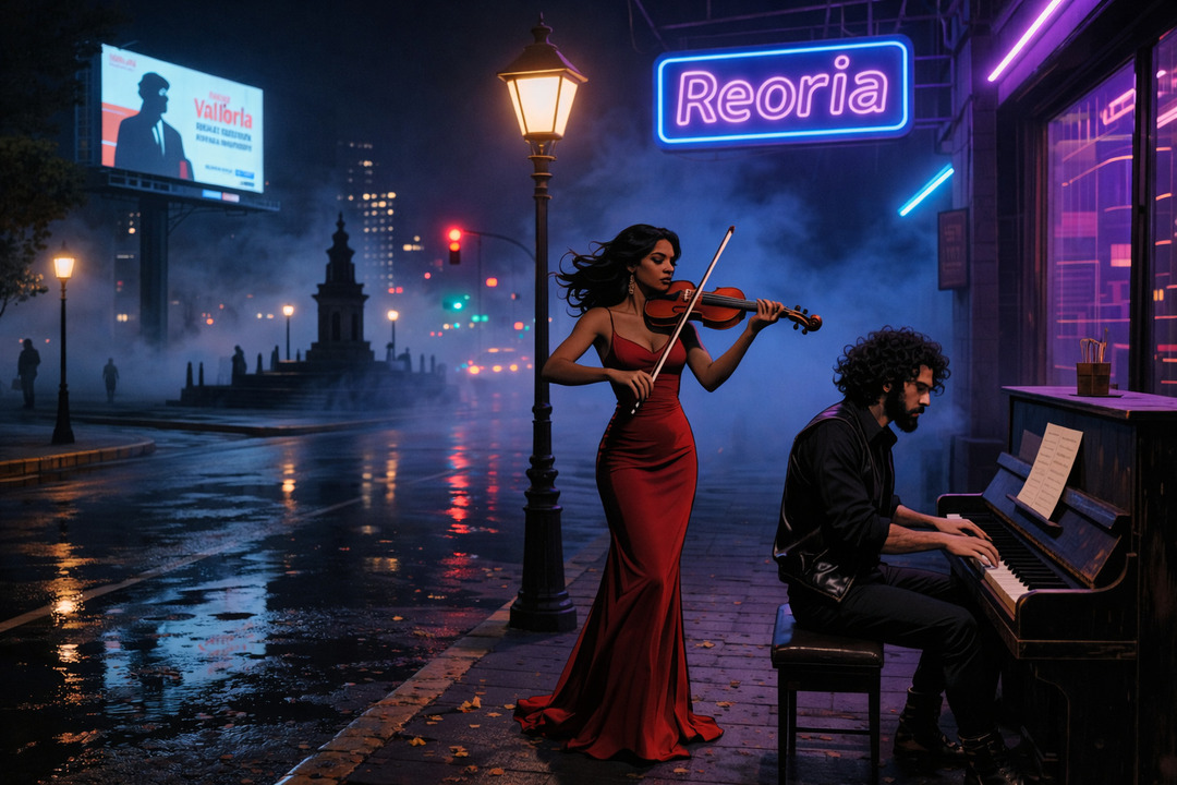 Mujer con vestido rojo tocando violín junto a un hombre tocando piano en una calle urbana nocturna iluminada con luces neón y reflejos en el pavimento mojado.<br />
